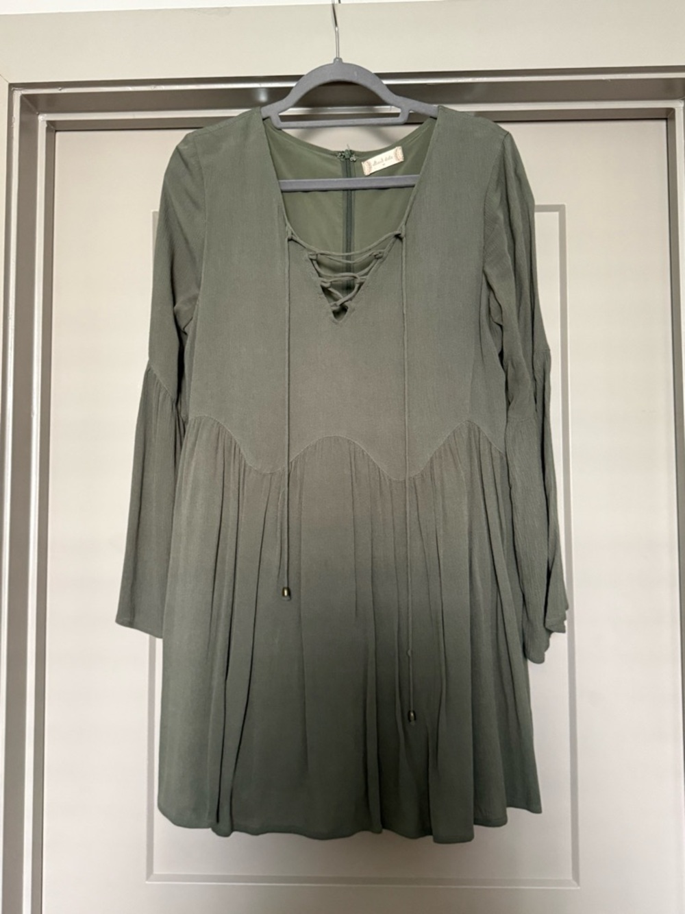 Altar'd State Olive Lace-Up V-Neck Long Sleeve Dress